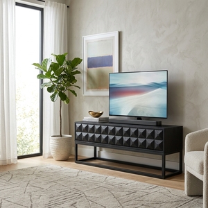 Dice Low TV Cabinet <b>Black</b> Modern Wooden Media <b>Console</b> Entertainment Center Geometric Diamond Pattern Carved Facade Metal Base - Product Image 2