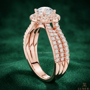 Bague de fiançailles de luxe en or rose 9K 10K 14K 18K avec halo de diamants de laboratoire taille brillant certifiés IGI – Cadeau d'anniversaire pour femme - Product Image 3
