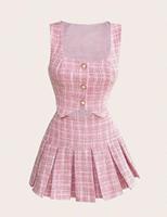 Ensemble coordonné veste courte en tweed rose à carreaux et mini-jupe plissée pour femme