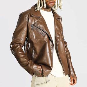 Chaqueta de Motociclista de Cuero Genuino Marrón para Hombre, Cuello Camisero, Cierre de Cremallera, Corte Regular, Color Sólido, para Otoño - Product Image 4