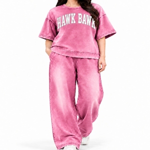 Conjunto de camiseta y pantalón de pierna ancha para mujer, de manga corta, oversize, casual, de corte regular, para verano, teñido en prenda, 100% algodón. - Product Image 1