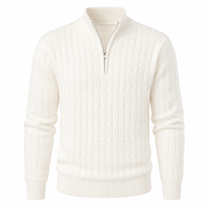 Pull à capuche zippé 1/4 en cachemire blanc uni pour homme, tricoté, à manches longues, respirant, avec doublure en laine, idéal pour l'hiver - Product Image 1