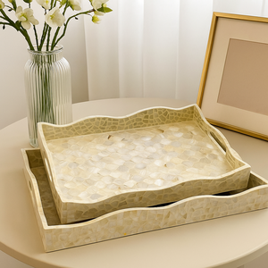 Bandeja Rectangular de Capiz con Incrustaciones de Perlas Madre, Borde Ondulado, Patrón de Concha Hecho a Mano, Bandeja de MDF Decorativa, Hogar Rústico Vintage Elegante - Product Image 5