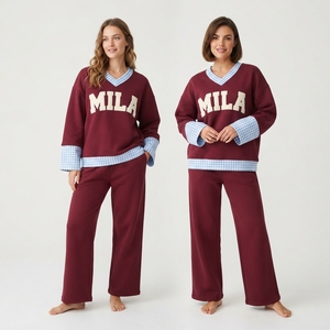 Conjunto de 2 Piezas para Mujer, Sudadera de Cuello en V de Felpa de Poliéster/Algodón a Cuadros y Pantalones Anchos, Estilo Casual de Invierno con Bordado - Product Image 5