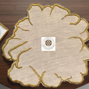Linen cocktail napkin with golden embroidered bloom <b>edges</b>, soft petal shape adding a refined and elegant table accent. - Product Image 2