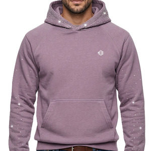 เสื้อฮู้ดดี้ประดับเพชรสำหรับผู้ชาย ผ้าฝ้ายฟลีซ แขนเสื้อแบบแร็กแลน สตรีทแวร์  โลโก้สั่งทำได้  ตกแต่งด้วยประกายวิบวับ  เสื้อผ้าลำลอง ขายส่ง รับผลิตแบบ OEM - Product Image 2