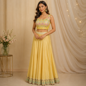 Women Yellow Wedding Lehenga Choli with Embroidered Crop Top Dupatta Flared Bridal Skirt Elegant Engagement Reception Ceremony - Product Image 2