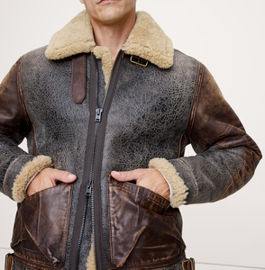 Veste aviateur vintage en cuir marron pour homme avec col en fourrure de mouton, style pilote usé, blouson motard d'hiver - Product Image 2