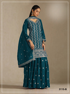 Ensemble Designer Top Palazzo Sharara Dupatta en Chinon Lourd avec Broderie de Sequins et de Zari Très Riches - Product Image 4