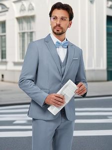 Traje de 3 Piezas para Hombre, Color Azul Claro, Estilo Británico, Cuello de Solapa, Blazer, Chaleco y Pantalones, Cierre de un Botón, Antiarrugas, Formal de Negocios - Product Image 2