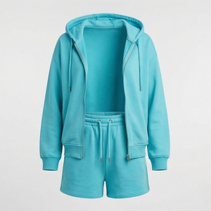 Ensemble 2 pièces en molleton pour femme : sweat à capuche et short, couleur unie, coupe ample, tenue décontractée sportive, longueur au-dessus du genou, printemps-été - Product Image 1