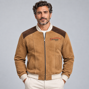 <b>Men's</b> <b>Suede</b> Bomber <b>Jacket</b> Casual Zipper Front Embroidered Logo Autumn Outerwear Regular Fit Stand Collar Bomber <b>Jacket</b> for <b>Men</b> - Product Image 1