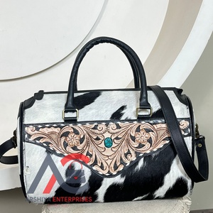 Large Handmade Western <b>Tooled</b> <b>Leather</b> Cowhide Speedy Bag Floral Carved with Turquoise Stone Cowgirl Travel Duffel Overnight Bags - Product Image 1