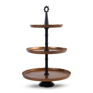 Stunning Three-Tiered Bronze <b>Cake</b> <b>Stand</b> Featuring Scalloped Edge Trays Black Central Rod & A Unique Star Top Handle for Serving - Product Image 2