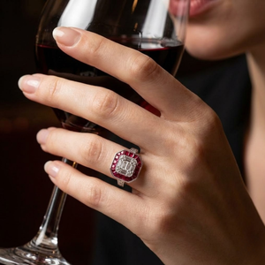 Ruby Gemstone Classic Wedding Ring 18K Solid Rose Gold Square Baguette Diamond Cluster - Product Image 5