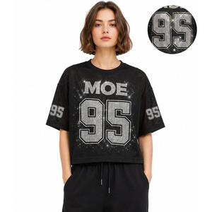 Maillots en jersey à maille scintillante avec logo personnalisé, faible MOQ, séchage rapide, polyester, crop top pour femme, col rond, maillot de football américain, streetwear - Product Image 1
