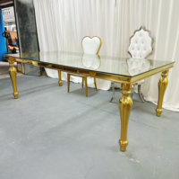 Table à manger en verre épais avec pieds bombés dorés en acier inoxydable, table de banquet de luxe pour mariage