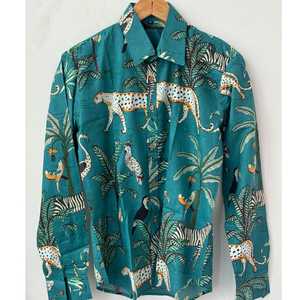Camisa de Algodón Tejido con Estampado Animal para Mujer, Cuello Abotonado, Manga Larga, Casual, Primavera Verano, Corte Regular, Blusa con Estampado Azul y Rosa - Product Image 6