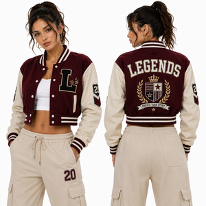 Chaqueta Varsity Corta Personalizada para Mujer, Cuerpo de Lana, Mangas de Cuero, con Parche del Escudo de Laurel, Logotipo Personalizado, Pedido al por Mayor, Directo de Fábrica, MOQ Bajo - Product Image 5