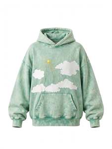 เสื้อฮู้ดสีเขียวเซจ สไตล์วินเทจ สตรีทแวร์ ผ้าฟลีซคอตตอนหนานุ่ม ปักลายเมฆและดวงอาทิตย์ ทรงโอเวอร์ไซส์ สั่งทำได้ ขายดี - Product Image 1