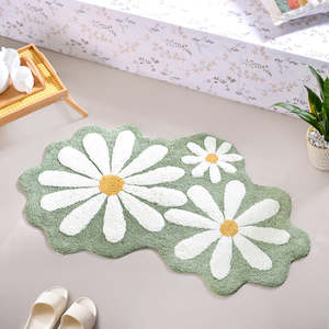 Tapis tufté vert à motif floral marguerite et motif de fleurs blanches pour chambre à coucher, chambre d'enfant et décoration intérieure - Product Image 1