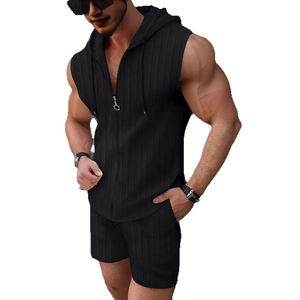 <b>Men's</b> Hooded Sleeveless <b>Vest</b> Set <b>White</b> Knitted Casual Summer Two-Piece Shorts Breathable Spandex Quick Dry Yarn Dyed - Product Image 1