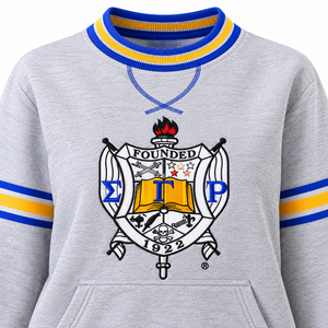 Sweat-shirt à col rond en chenille grise Sigma Gamma Rho avec poche et bordure côtelée rayée bleu roi et or, vêtements de sororité grecque - Product Image 5