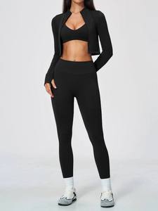 Conjunto de Yoga de 3 Piezas de Spandex/Nylon Cepillado, Ajustado, Moldeador, de Secado Rápido, Transpirable, Elástico en Cuatro Direcciones, Cintura Alta y Cuello en V - Product Image 6