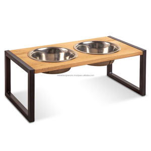 Mangeoire pour chiens double surélevée avec finition naturelle en bois et métal avec différentes finitions pour petits et grands chiens - Product Image 1