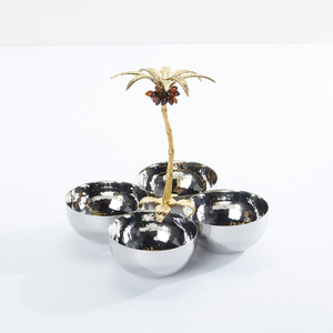 Silver Cluster Bowl Features Four Hammered Pieces Arranged Around A Central Gold Palm <b>Tree</b> <b>Stand</b> For Decorative & Serving - Product Image 1