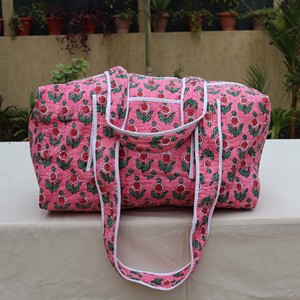 Pink Floral Cotton <b>Duffel</b> <b>Bag</b> Large Capacity Weekender Travel <b>Bag</b> Handmade with White Trim <b>Duffel</b> Casual Outdoor Storage - Product Image 1