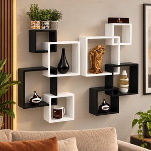 Modern Geometric <b>Wall</b> Mounted Display <b>Shelves</b>, <b>Black</b> and White Interlocking Cube Floating <b>Shelves</b> for Living Room Home Decor - Product Image 2