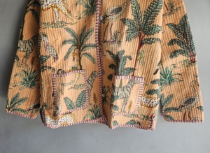 Veste matelassée pour femme, imprimé animal, coton tissé, manches trois quarts, col rond, poche plaquée, style été, cadeau pour elle - Product Image 5