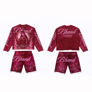 ชุดสตรีทแวร์วินเทจสีน้ำตาลฟอกย้อมสไตล์ยูนิเซ็กซ์ เสื้อสเวตเชิ้ตโอเวอร์ไซส์ กางเกงขาสั้น พิมพ์ลายกราฟิก ชุดลำลอง 2 ชิ้น รับผลิตแบบ OEM ODM - Product Image 5