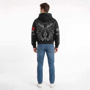 Sweat à capuche zippé noir vintage pour homme, coupe oversize, style streetwear, motif imprimé ailes d'ange et croix, collection automne 2026 Members Club - Product Image 6