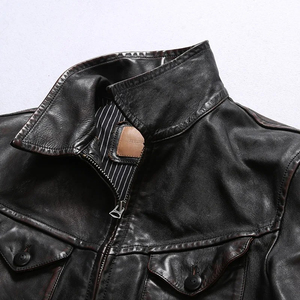 Veste moto en cuir véritable pour homme, col rabattu, fermeture éclair, couleur unie, coupe classique, pour l'automne - Product Image 4