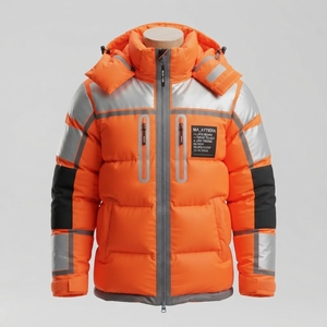 <b>Men</b> Orange <b>Reflective</b> Stand Collar Puffer <b>Jacket</b> Quilted Winter Coat High Visibility Insulated Workwear Outdoor Front <b>Jacket</b> - Product Image 1