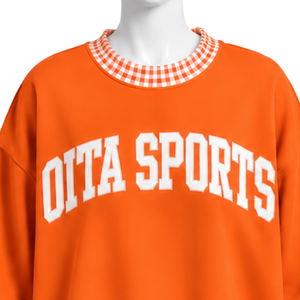 <b>Mens</b> <b>Orange</b> Oversized Crewneck <b>Sweatshirt</b> Gingham Check Trim Long Sleeve Casual Pullover Fashion Streetwear Athletic Sports Top - Product Image 3