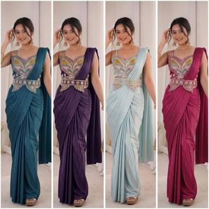 Sari en crêpe lourd brodé de sequins, tenue de mariée traditionnelle indienne et pakistanaise pour mariage et fête - Product Image 5