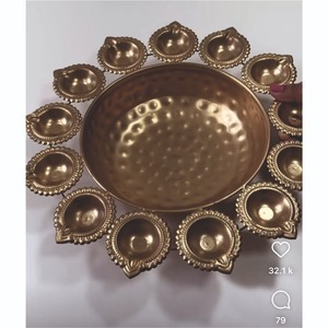 Handmade Metal Gold Urli Bowl with Diya Holders for Diwali Decor Wedding Centerpiece <b>Flower</b> Floating Pot Home Decorative Bowl - Product Image 2