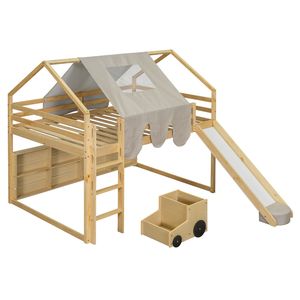 Letto a soppalco in legno a grandezza naturale con struttura a forma di casetta e tenda beige naturale per bambini - Product Image 3