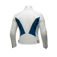 Jaket Motor Kulit PU Pria Warna Putih Biru Model Color Blocking Kerah Tegak Ritsleting Slim Fit Gaya Biker untuk Musim Semi