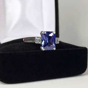 <b>Emerald</b> Cut Tanzanite <b>Ring</b> with Cubic Zirconia Accents IGI Certified Sterling <b>Silver</b> December Birthstone Bridal Gift for Women - Product Image 1