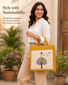Yellow Laminated Jute Canvas Tote <b>Bag</b> <b>Tree</b> Print Button Closure Eco-Friendly Reusable Shopping Handbag for Exhibition Wedding - Product Image 1