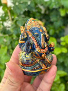 Hand Carved Hand Painted Lapis Lazuli Ganesha <b>Statue</b> | 2.75 Inch Gemstone Ganesh Idol | Gold Detailed Hindu Decor - Product Image 2