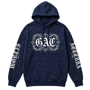 Mens <b>Navy</b> Blue Melange Graphic Pullover Hoodie Long Sleeve Streetwear <b>Sweatshirt</b> With Printed Design And Kangaroo Pocket - Product Image 1