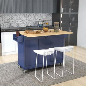 Isola da Cucina Portatile con Piano in Legno Massello e Ruote Bloccabili, Armadietto Contenitore da 52,7 Pollici Blu Scuro con Anta a Ribalta - Product Image 3