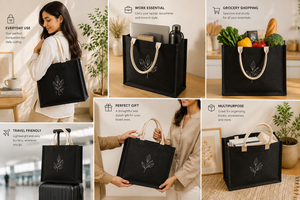 Sac fourre-tout en jute noir avec broderie de feuilles, poignée en corde torsadée, taille moyenne, ouverture supérieure - Product Image 5