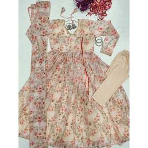 IMPRESIÓN DIGITAL DE ORGANZA A LA MODA CON SECUENCIA DE CODIFICACIÓN TRABAJO VESTIDO DE ENCAJE PENT CON DUPATTA MELOCOTÓN - Product Image 1