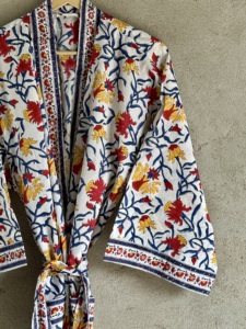 Premium Hand Block Print Cotton Kimono Robe V-neck Belt Closure Long Wide Sleeve Boho Beach Cover Spring <b>Knee</b>-Length Summer - Product Image 3
